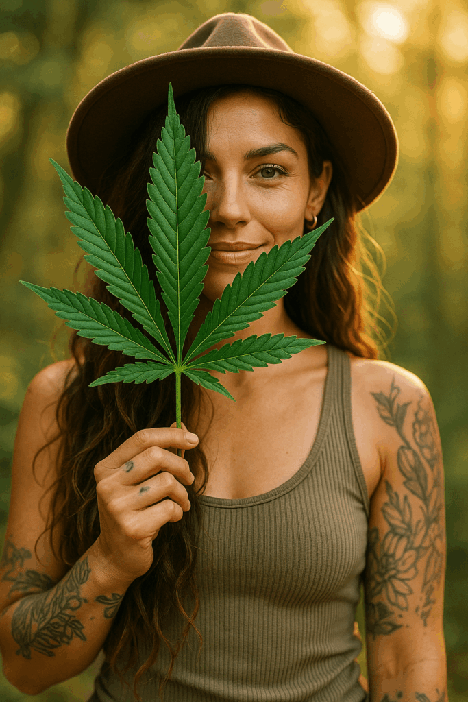 Mujer con hoja de Cannbis.